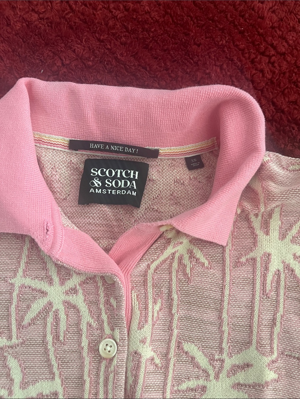 Scotch & Soda Pink Polo with Cream Palm Print - Picture 2 of 4